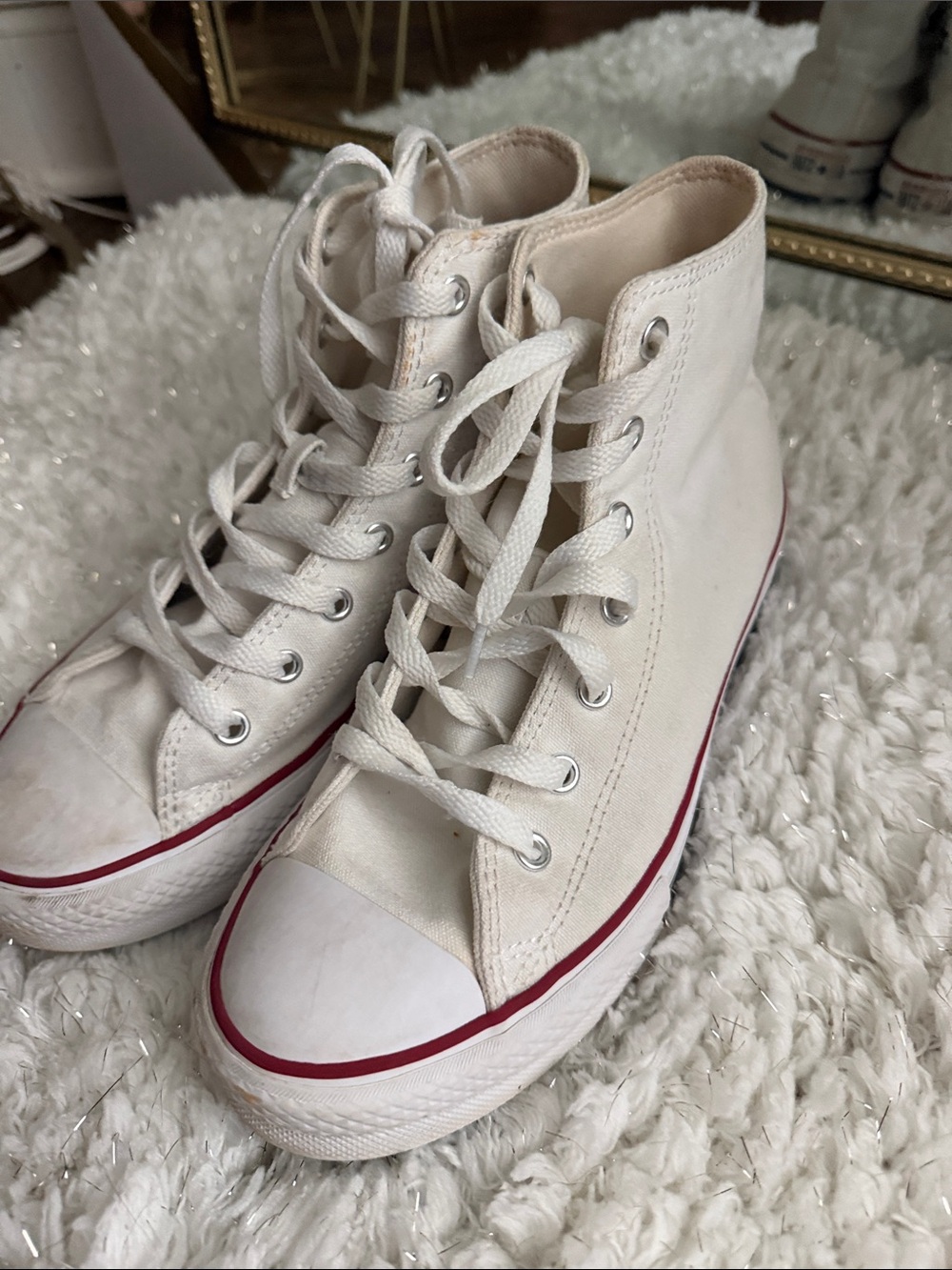Converse High-Top Canvas Sneakers in Off-White with Red Trim